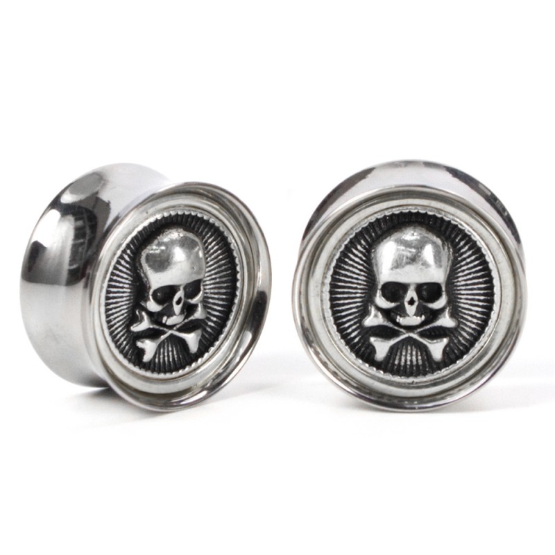 El Rana Titanium Plug with Silver Skull Cross Bones (Price for Pair) Orecchio