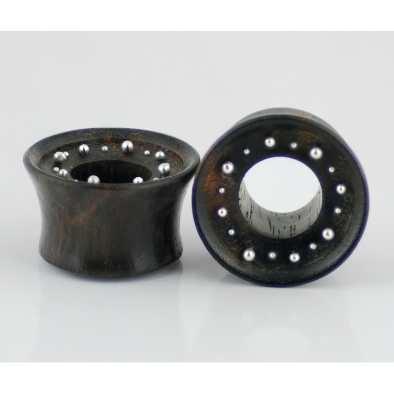 Black Wood Double Flared Mayan Tunnel with Hand Casting Silver Dots Orecchio